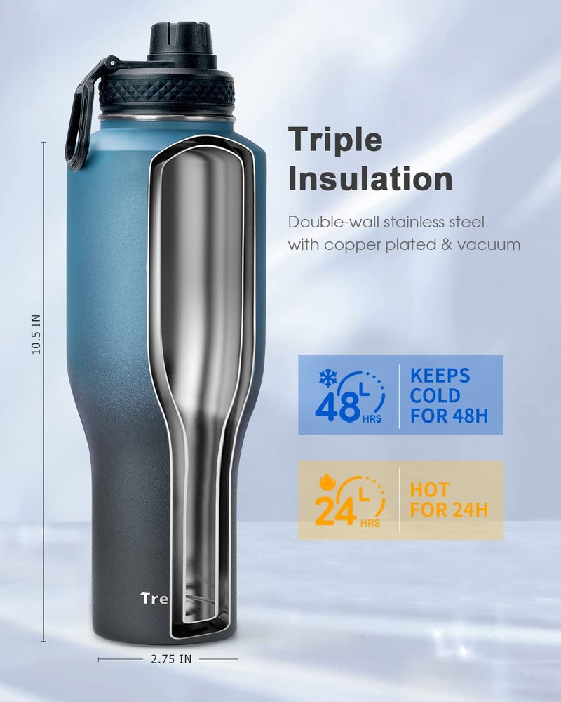 Trebo 40oz Water Bottle Insulated with Lid and Straw Double Wall Vacuum Stainless Steel Metal Tumbler Flask Fit in Any Car Cup Holder with Paracord Handle Leakproof Keep Cold Hot Indigo/Black - Image 3